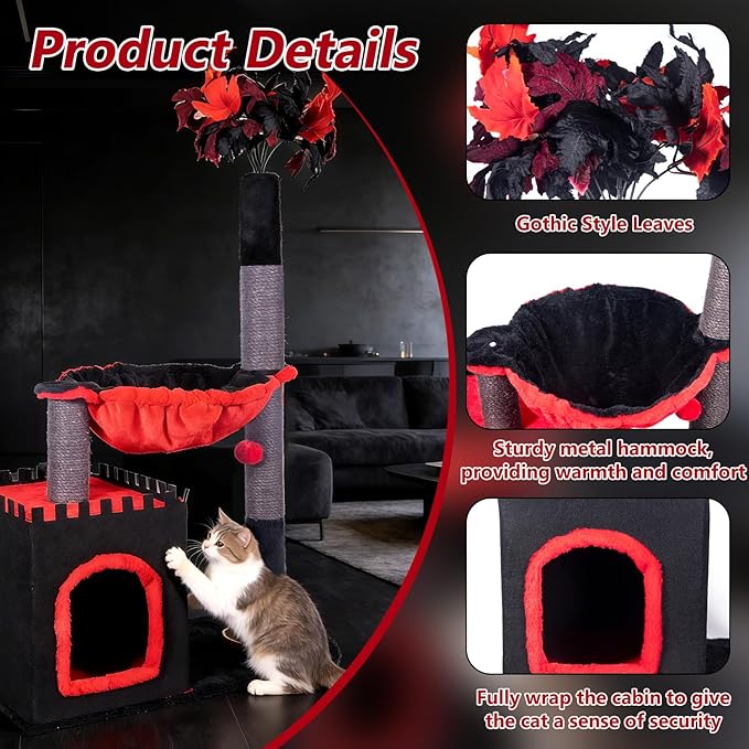 Cat Tree 38" Tower with Large Hammock, Scratching Post for Indoor Cats with Condo, Cat Furniture Track Balls and Bouncy Ball, Red Black