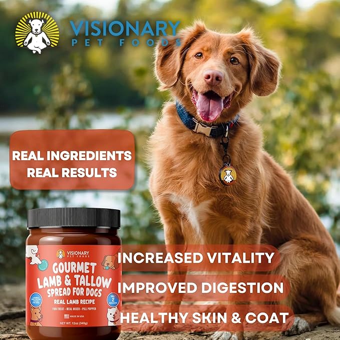 Visionary Pet Foods Lamb and Tallow Meat Spread, Dog Safe - Natural Peanut Butter Alternative - Digestive Support, No Additives - Meal Topper or Lick Mat Treat - 12oz Jar