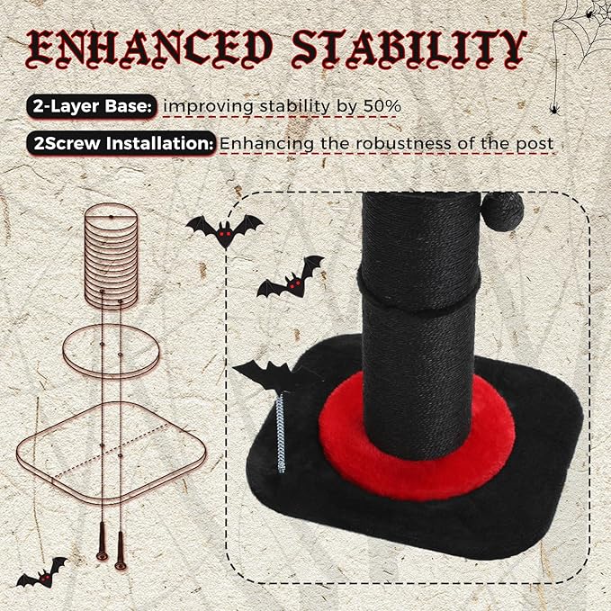 PEQULTI Cat Scratching Post, Gothic Cat Tree, Tall Scratcher for Indoor Cats with Super Thick Scratching Post [Dia=5.5''], Removable Spiderweb Pattern Cat Bed, Scratch Post with Spring Ball, Black