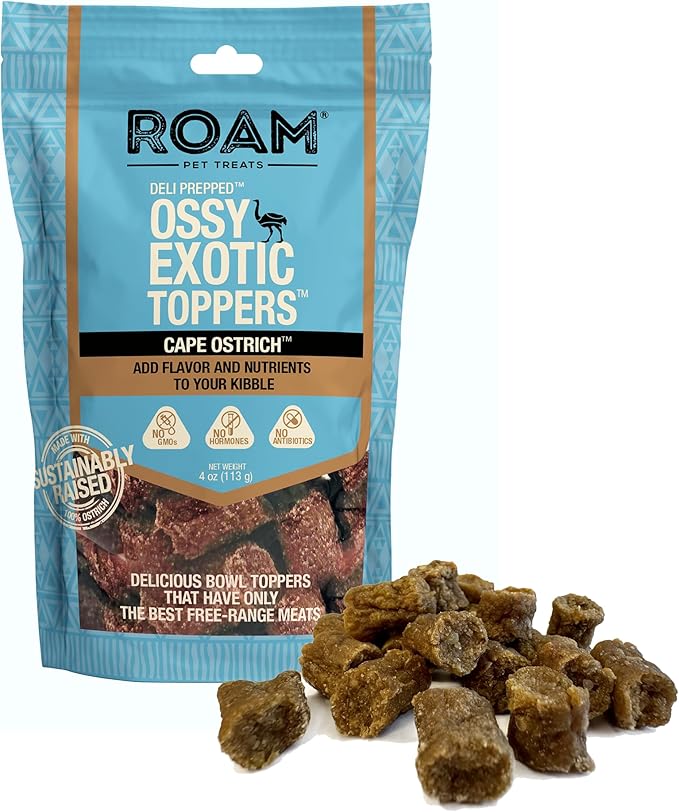 ROAM Pet Treats Ossy Exotic Dog Topper - Single Protein, Sustainably Raised Ostrich Meat Dog Food Topper - Non-GMO Ostrich Dog Treat 4 Ounce