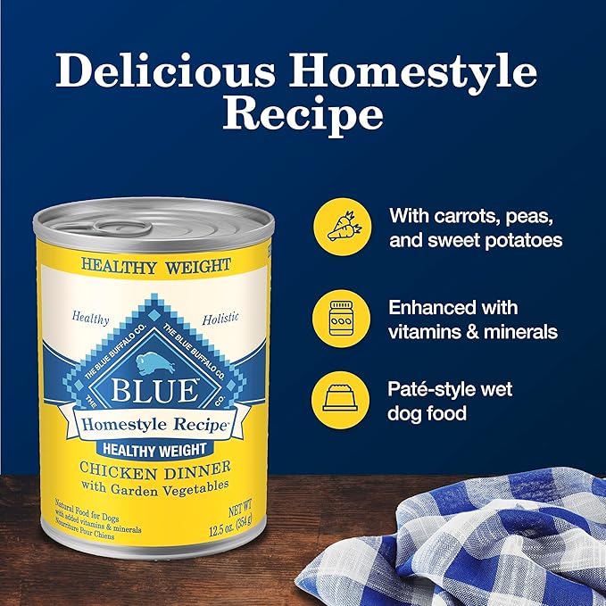 Blue Buffalo Homestyle Recipe Healthy Weight Chicken Dinner with Garden Vegetables Wet Dog Food for Adult Dogs, Chicken Recipe, 12.5 oz. Cans, 3 Count