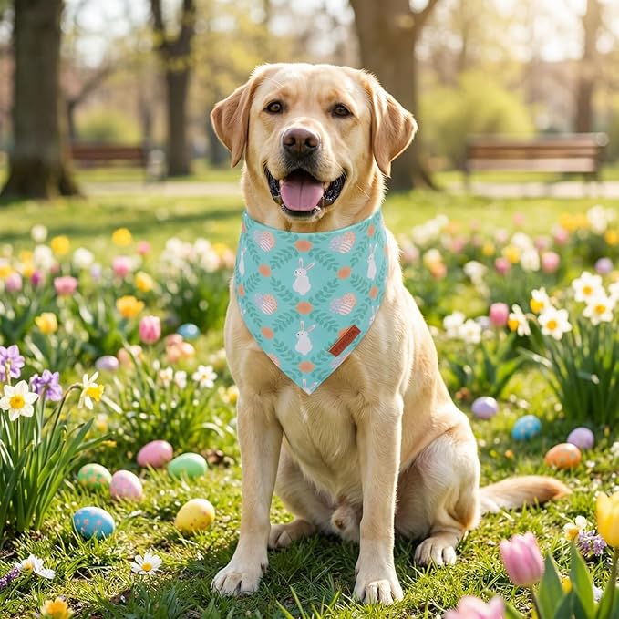 PTDECOR Easter Dog Bandana, Rabbit Egg Dog Scarf, Premium Durable Fabric, Blue Easter Bandanas for Extra Large Dogs (X-Large)