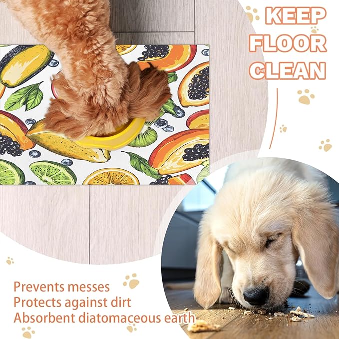 Summer Fruit Dog Food Mat for Floors Absorbent Dog Bowl Mat for Food and Water Dispenser Quick Dry Cat Food Placemat Pet Supplies 24" x 32", Cute Tropical Fruit