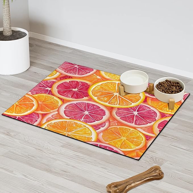 Lemon Fruit Dog Food Mat for Floors Absorbent Dog Bowl Mat for Food and Water Dispenser Quick Dry Cat Food Placemat Pet Supplies 17" x 30", Orange