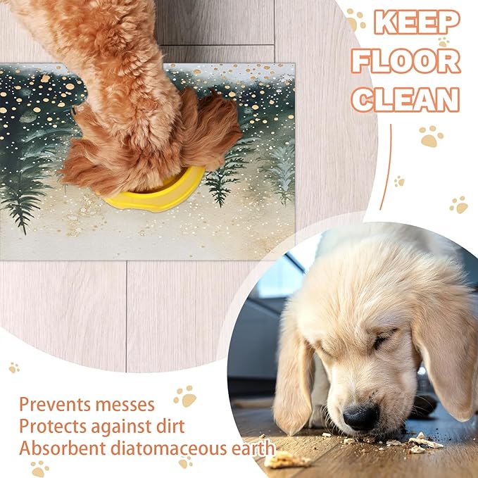 Christmas Tree Dog Food Mat for Floors Absorbent, Quick Dry Water Dispenser Mat for Food, Water, Pet Supplies 12" x 20", Winter Forest