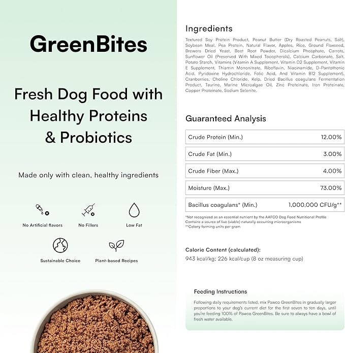 Pawco Fresh Dog Food – Supports Energy, Digestion & Overall Health – Peanut Butter & Apple Recipe with Sweet Potato, Flaxseed, Omega-3 & Probiotics – GreenBites – Pack of 8 x 17oz