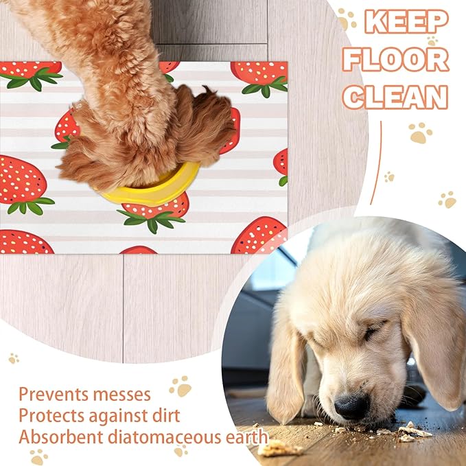 Red Strawberry Dog Food Mat for Floors Absorbent Dog Bowl Mat for Food and Water Dispenser Quick Dry Cat Food Placemat Pet Supplies 17" x 30", Stripe