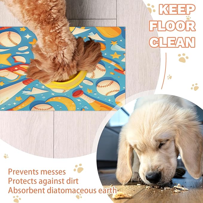 Baseball Dog Food Mat for Floors Absorbent, Quick Dry Water Dispenser Mat for Food, Water, Pet Supplies 12" x 20", Sports Ball