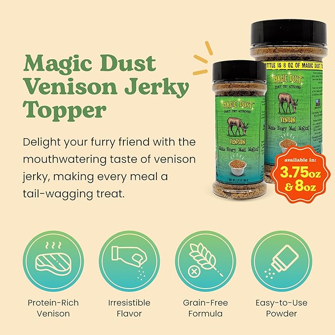 Wild Meadow Farms - Magic Dust Venison Jerky Topper, Single Protein Pet Food Topper for Dogs & Cats, Enhance Flavor & Elevate Mealtime Excitement for Picky Eaters - 3.5 Ounce Bottle in Venison Flavor