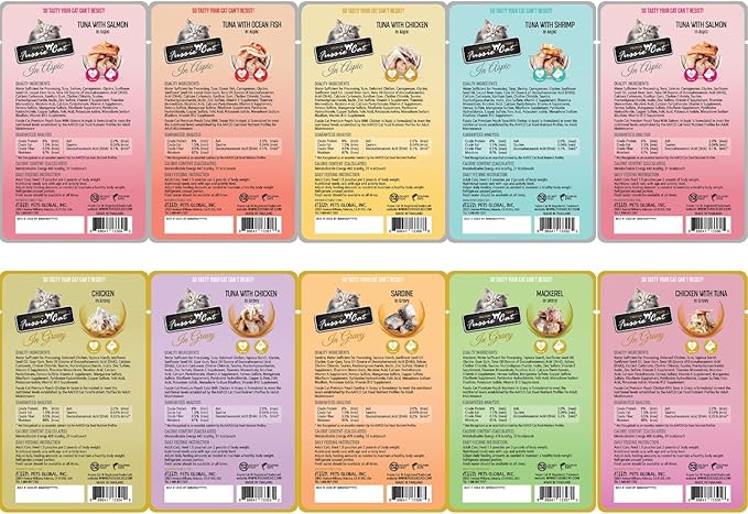 Fussie Cat Premium Wet Cat Food in Gravy and in Aspic, 2.47-oz Pouches, 10 Flavor Variety Pack+ lid