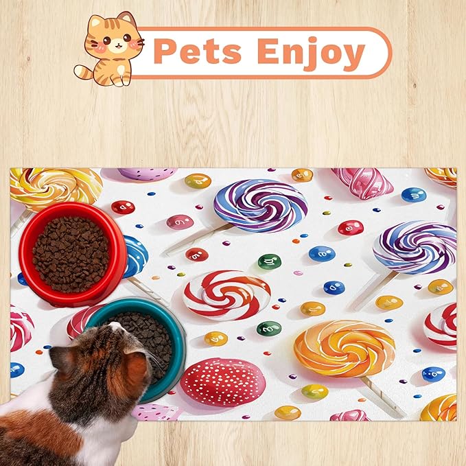 Rainbow Lollipop Dog Food Mat for Floors Absorbent Dog Bowl Mat for Food and Water Dispenser Quick Dry Cat Food Placemat Pet Supplies 24" x 32", Sweet Theme