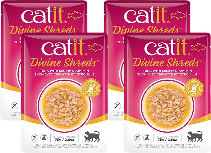 Catit Divine Shreds Premium Cat Food Topper, Tuna with Shrimp & Pumpkin (Pack of 4)