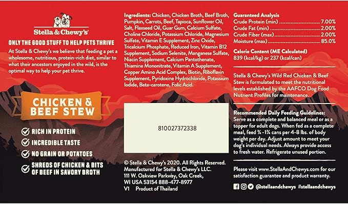 Stella & Chewy's Wild Red Wet Dog Food - High Protein Chicken & Beef Stew - Grain-Free Premium Recipe with 96% Animal Protein - Perfect for Picky Eaters, 10 oz, Pack of 6