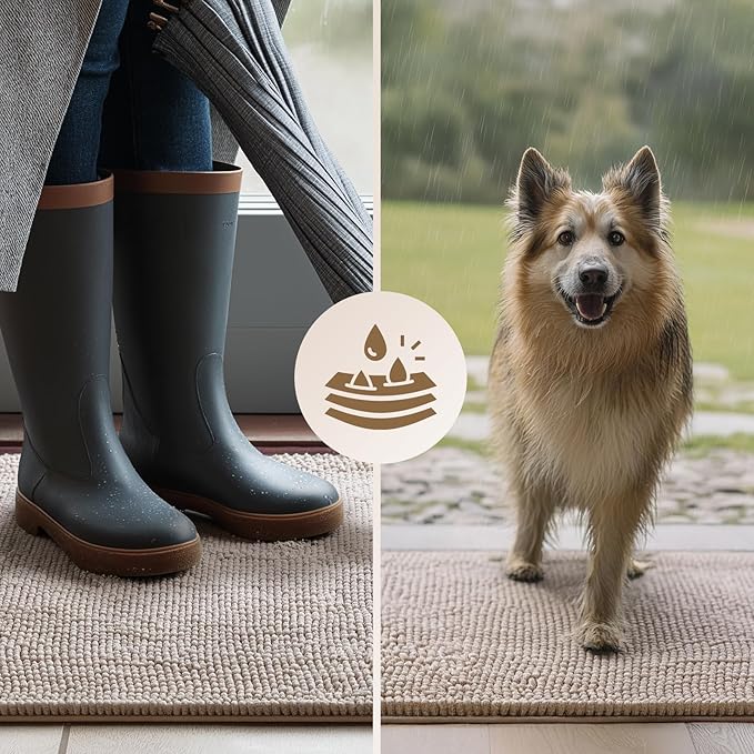 EHEYCIGA Super Absorbent Dog Door Mat for Muddy Paws 36x24 Inch Indoor, Front Doormat Outside Entrance, Quick Dry Chenille Washable Dog Crate Bed, Non-Slip Pet Rug Mud Mat Outdoor Entryway, Beige