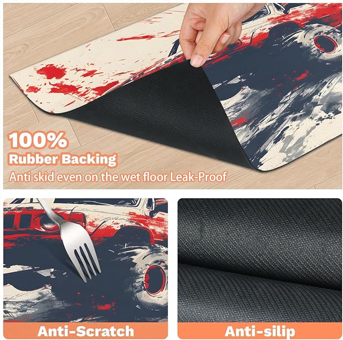 Cool Car Dog Food Mat for Floors Absorbent, Quick Dry Water Dispenser Mat for Food, Water, Pet Supplies 17" x 30", Red Vehicle