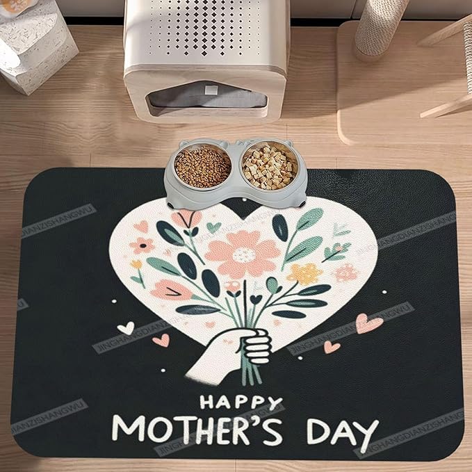 Absorbent Dog Water Cat Mat for Food Water Bowl Quick Dry Happy Mother's Day Floral Gift for Mom Jq Pet Feeding Mats No Stains Dog Food Mat Pet Accessories Supplies Cat Bowl Mats 24x16In