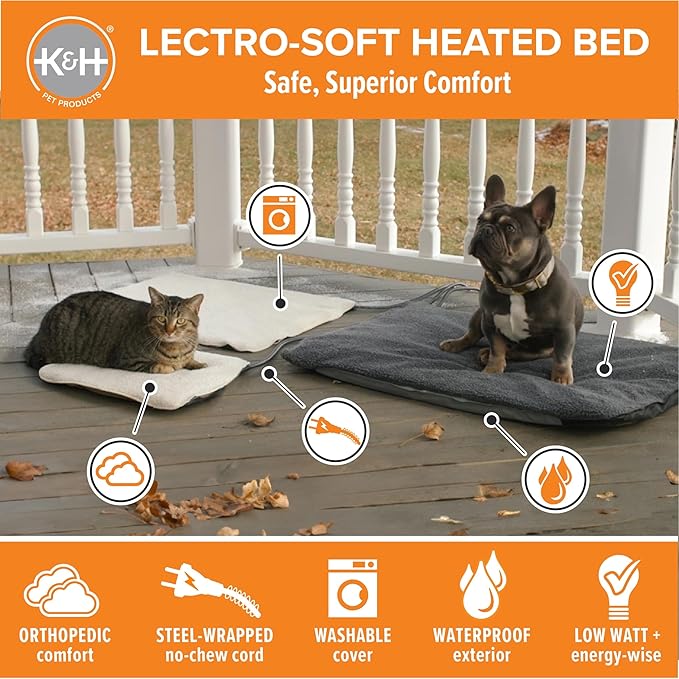 K&H Pet Products Lectro-Soft Orthopedic Outdoor Heated Cat Bed for Outdoor Cat Houses, Safety Listed Automatic Warming Pad, Soft and Flexible, Waterproof, Washable Cover - Small 18 X 14in Tan 20W