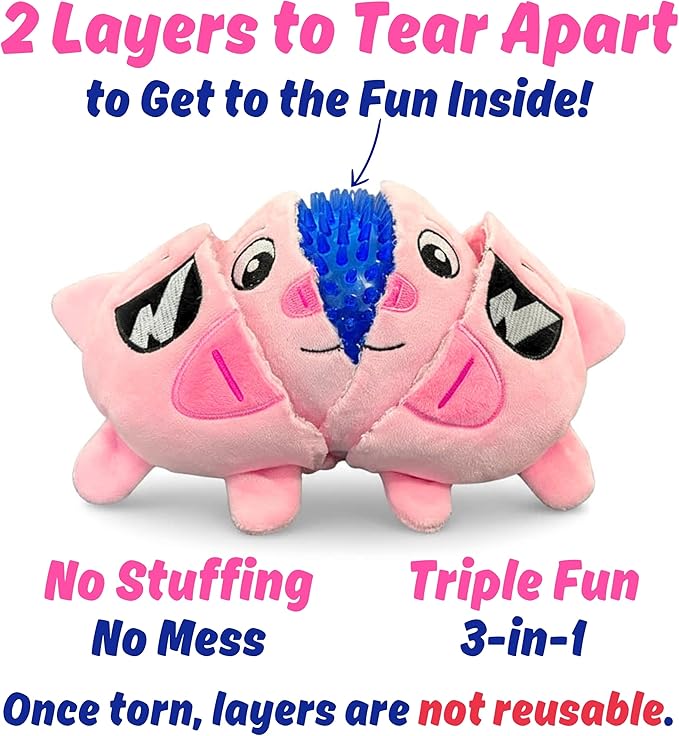 3 in 1 Squeaky Soft Plush Durable Dog Chew Toy for Aggressive Chewers, No Stuffing Interactive Tough Rip & Reveal Crinkle Pink Pig Ball in Gift Box, Puppy, Small & Large Breed Pets Birthday Present