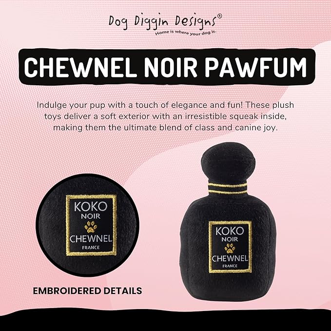Dog Diggin Designs Chewnel Noir Pawfum Plush Dog Toy Bottle | Luxury-Inspired Parody Designer Perfume Bottle with Squeaker, Soft Plush Fashion Dog Toy – Prêt-à-Porter Play!
