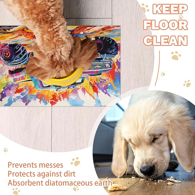 Cool Car Dog Food Mat for Floors Absorbent, Quick Dry Water Dispenser Mat for Food, Water, Pet Supplies 24" x 32", Watercolor Car