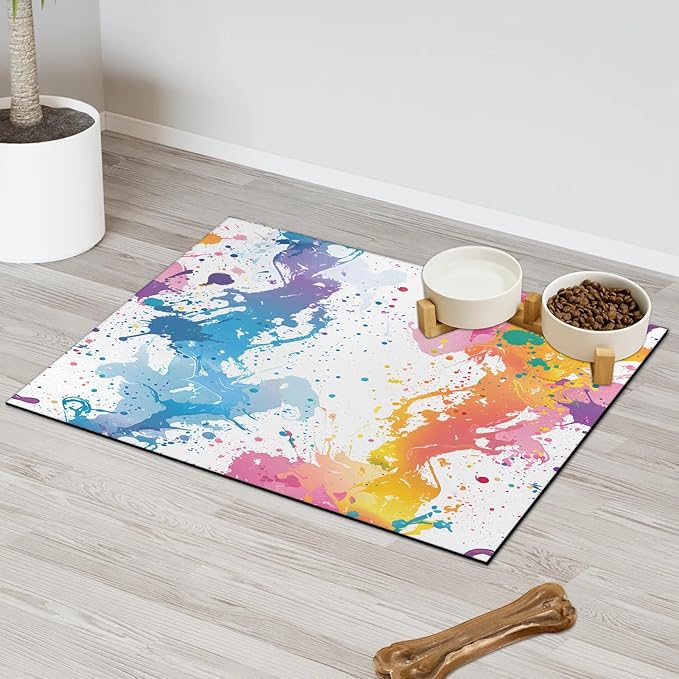 Colorful Graffiti Dog Food Mat for Floors Absorbent Dog Bowl Mat for Food and Water Dispenser Quick Dry Cat Food Placemat Pet Supplies 16" x 24", Rainbow Abstract