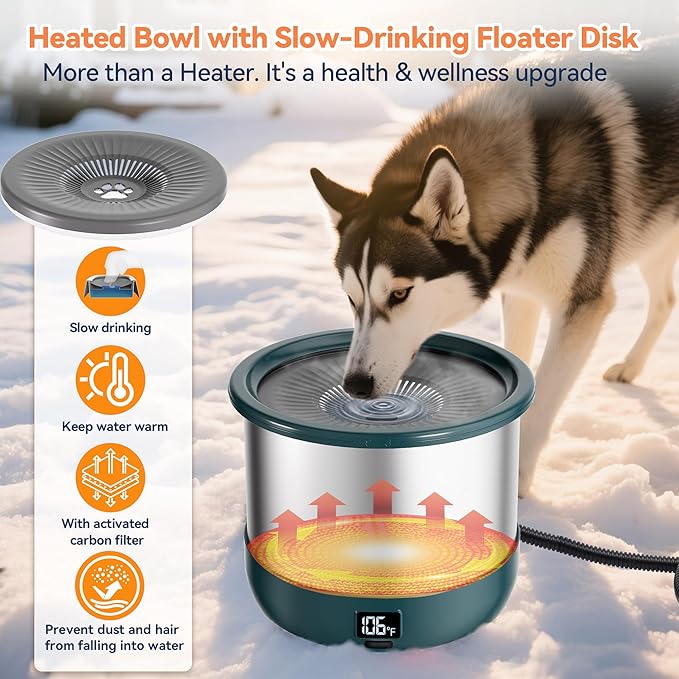 3.5L Heated Water Bowl, Stainless Steel Heated Dog Bowl with Digital Display and Adjustable Temperature, Heated Outdoor Pet Water Bowl Provides Warm Water for Dogs