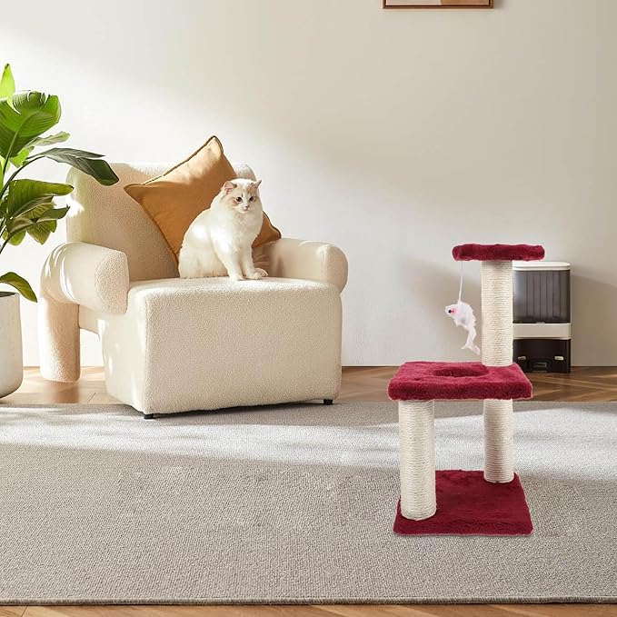 FRCOLOR Multi-Layer Sisal Cat Scratching Post with Mouse Vertical Cat Tree Tower 3-Tier Climbing Stand for Indoor and Kittens Burgundy Household Pet Furniture