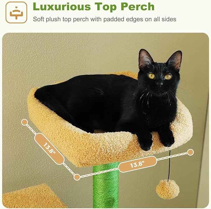 Cactus Cat Tree for Indoor Cats, 62" Multi-Level Cat Tower with 2 Spacious Condos, Scratching Pad, 4 Cat Scratching Posts, 2 Top Perches, 2 Pompoms, Green