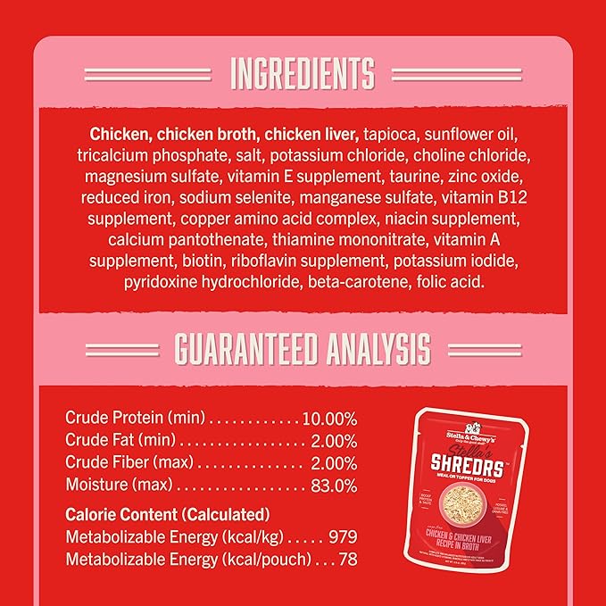 Proposed Value: Stella & Chewy's Cage Free Chicken & Chicken Liver Shredrs - Premium Dog Food Pouches - Perfect For Picky Eaters - 24 Pack, 2.8oz Each