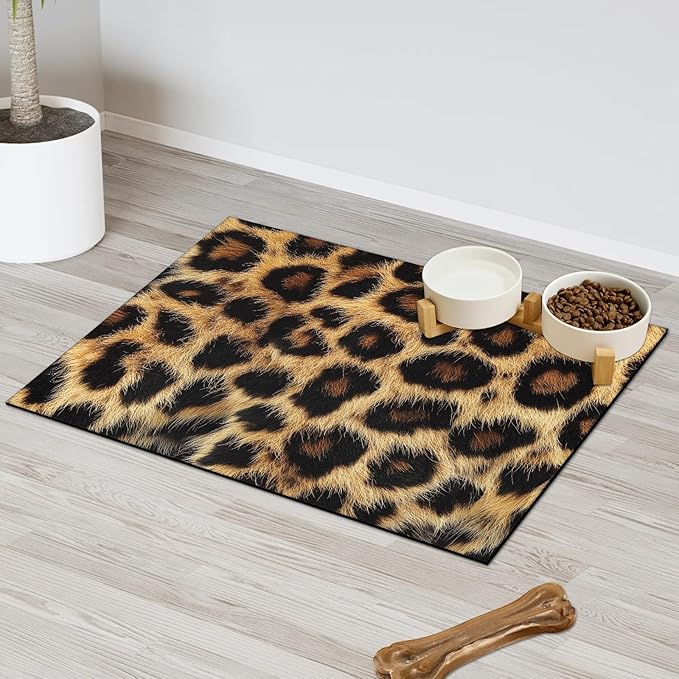 Leopard Print Dog Food Mat for Floors Absorbent Dog Bowl Mat for Food and Water Dispenser Quick Dry Cat Food Placemat Pet Supplies 24" x 32", African Cheetah