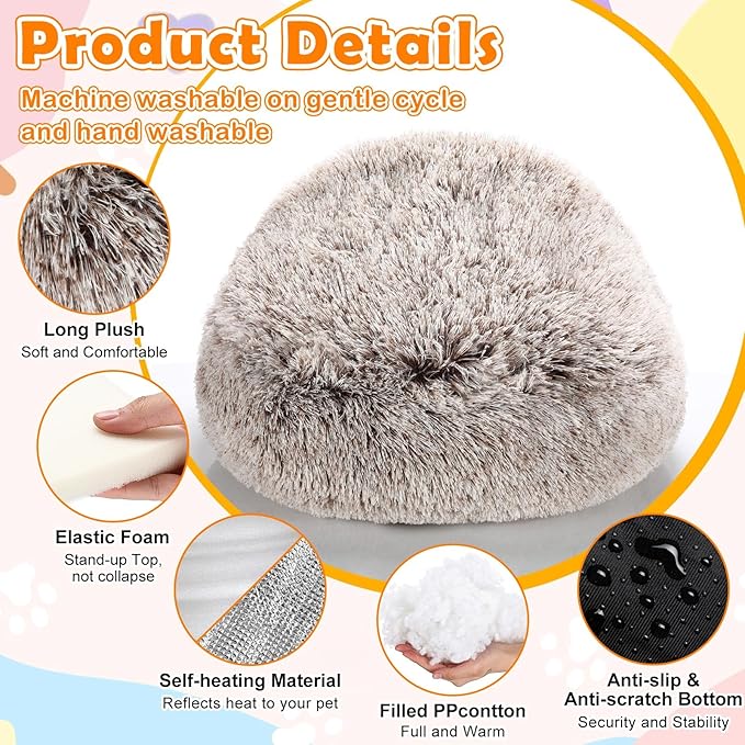 2 Pcs Self Warming Cat Beds with Hood, Self Heating Dog Cave Bed, Fluffy Round Covered Pet Pad, Plush Hooded Pet Beds with Non-Slip Bottom for Indoor Cat or Small Middle Dog(Coffee,24 in)