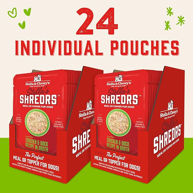 Stella & Chewy's Cage Free Chicken & Duck Shredrs - Premium Dog Food Pouches - Perfect For Picky Eaters- 24 Pack, 2.8oz Each