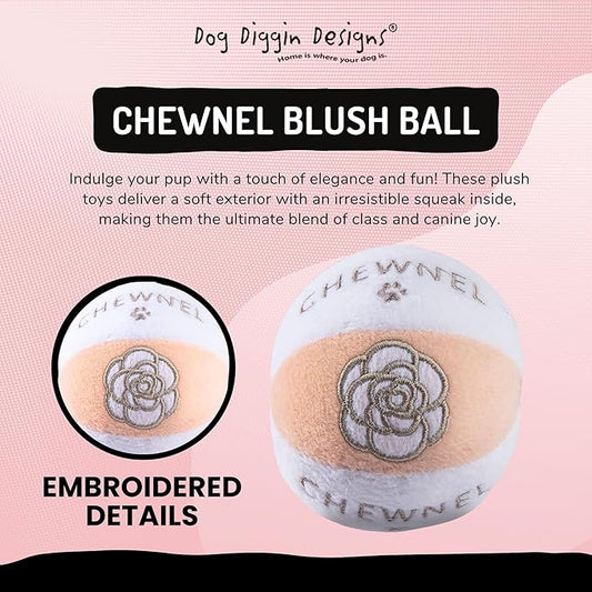 Dog Diggin Designs Chewnel Blush Plush Squeaky Dog Toy Ball | Luxury-Inspired Parody Designer Ball with Squeaker, Soft Plush Fetch Dog Toy – Prêt-à-Porter Play!