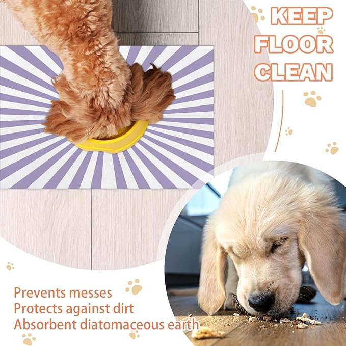 Striped Dog Food Mat for Floors Absorbent, Quick Dry Water Dispenser Mat for Food, Water, Pet Supplies 12" x 20", White Purple