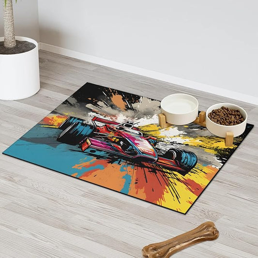 Race Car Dog Food Mat for Floors Absorbent, Quick Dry Water Dispenser Mat for Food, Water, Pet Supplies 16" x 24", Cool Car