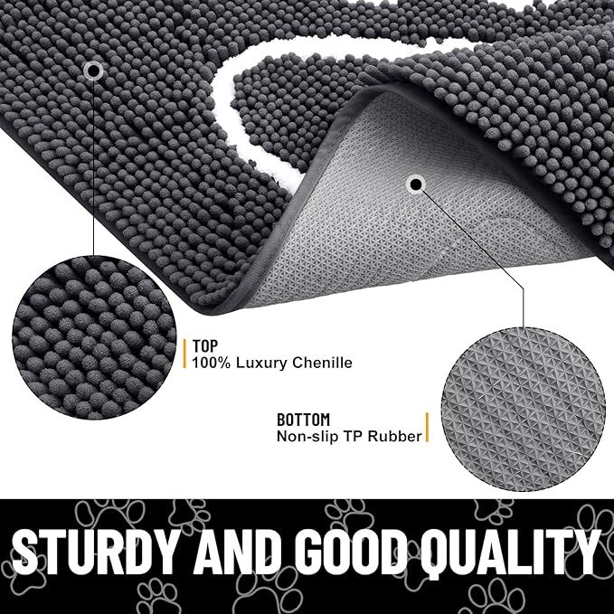 Smiry Dog Door Mat for Muddy Paws, Absorbent Dirt Trapper Non Slip Quick Dry Washable Chenille Mat for Mud Dogs, Entry Rug for Indoor and Outdoor (45x27 Inches, Dark Grey and White)