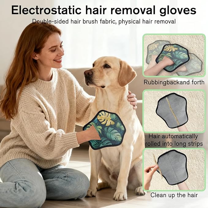 Tropical Leaves Theme Electrostatic Pet Hair Removal Glove for Cats & Dogs - Reusable Grooming Mitt for Couch, Carpet, Car Seat & Laundry - Large 9x9 Inch