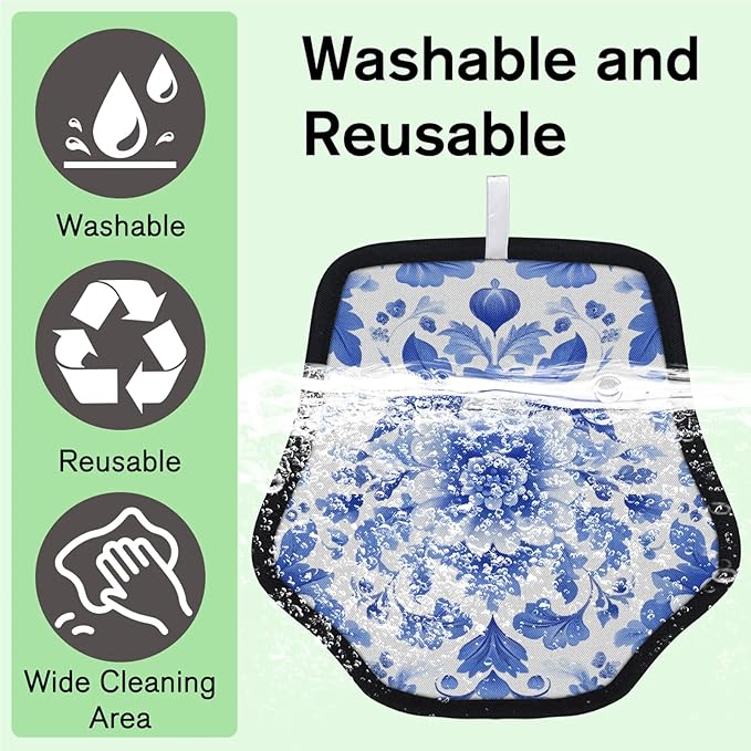 Blue Flower Pattern Electrostatic Pet Hair Removal Glove for Cats & Dogs - Reusable Grooming Mitt for Couch, Carpet, Car Seat & Laundry - Large 9x9 Inch