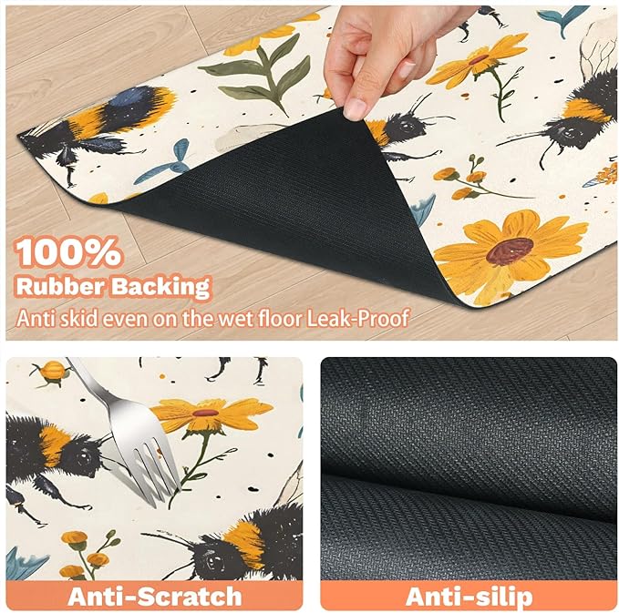 Boho Bee Dog Food Mat for Floors Absorbent, Quick Dry Water Dispenser Mat for Food, Water, Pet Supplies 12" x 20", Spring Floral