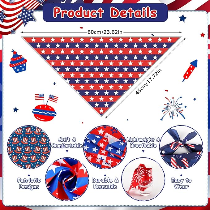 22Pcs 4th of July Dog Bandanas Bulk Independence Day Dog Bandana Adjustable Triangle Reversible Pet Accessories Patriotic American Flag Puppy Scarf for Small Medium Large Dogs Cats Memorial Day Supply