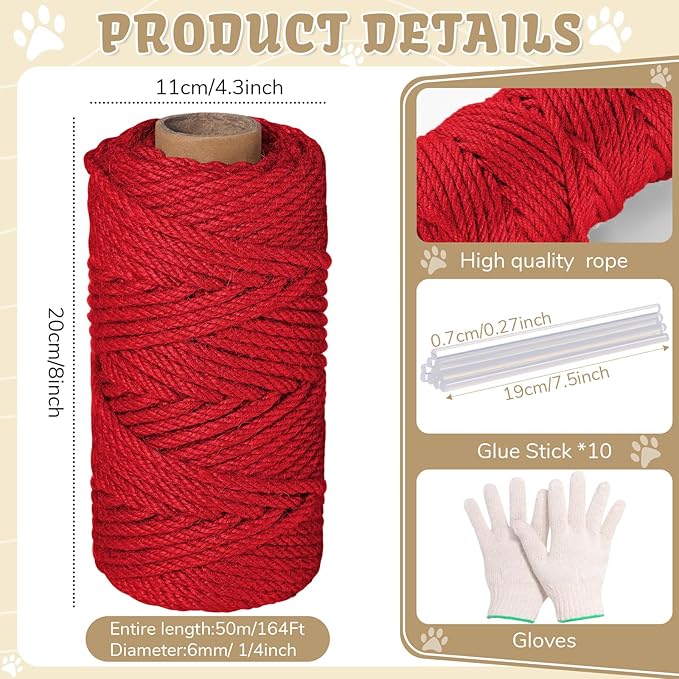 1/4inch ×164Ft Natural Cat Tree Hemp Rope, DIY Repair and Replace Scratching Post Sisal Rope for Scratching Post Cat Tree Tower DIY(Red)
