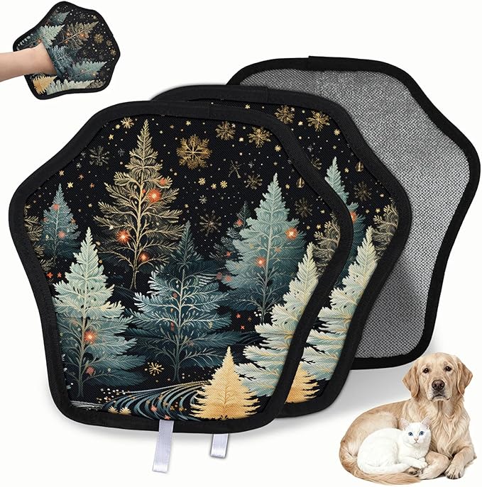 Reusable Pet Hair Removal Glove Winter Trees Theme Magic Brush for Cat & Dog Hair Remover for Car, Sofa, Bedding, Clothes - 9x9 Mitt Washable