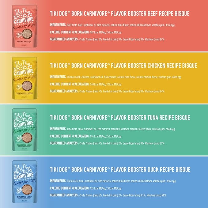 Tiki Dog Born Carnivore Flavor Booster, Variety Pack, Grain Free Wholesome Dog Food Additive, Meal Topper for All Dog Breeds and All Life Stages, 1.5 oz. Pouch, 12 Count