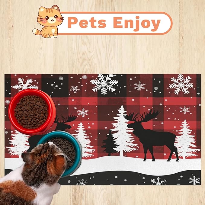 Winter Snowflakes Trees Moose Dog Food Mat for Floors Absorbent, Quick Dry Water Dispenser Mat for Food, Water, Pet Supplies 24" x 32",