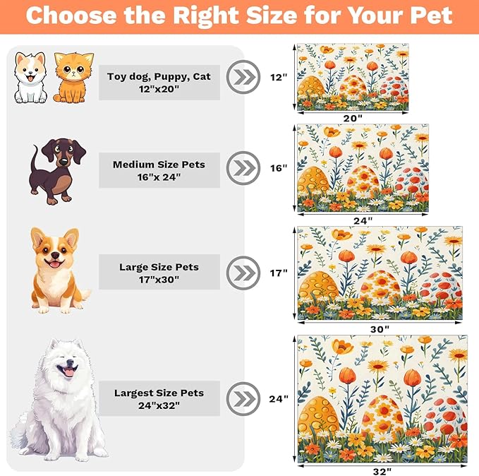 Easter Egg Dog Food Mat for Floors Absorbent Dog Bowl Mat for Food and Water Dispenser Quick Dry Cat Food Placemat Pet Supplies 24" x 32", Wildflower Floral