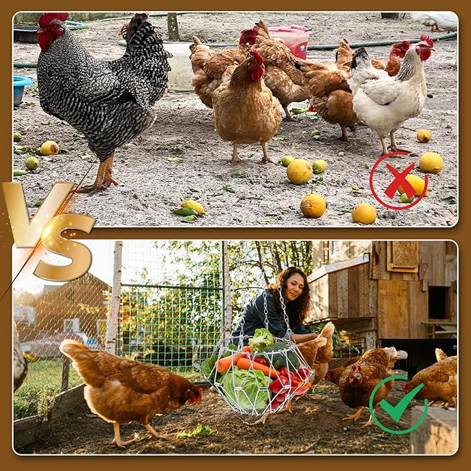 2 Pack Hanging Chicken Feeder, 9.2IN Large Foldable Chicken Treat Dispenser Vegetable and Fruit Food Utensils Basket,Sack Coop Rabbit Hens Duck Poultry Bowl with 4pcs Hanging Chain