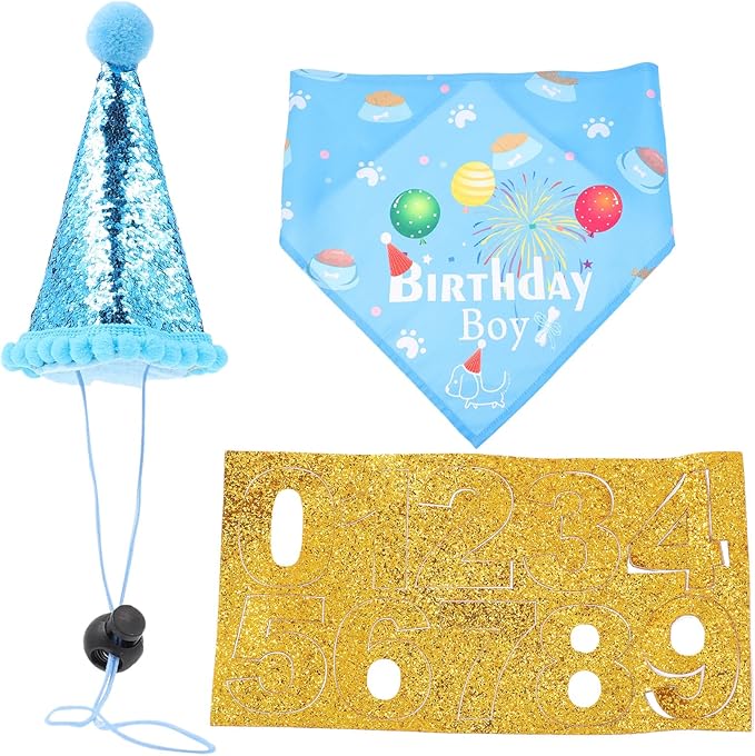Unomor Dog Birthday Bandanas Party Hat Set 3pcs Blue Pet Birthday Accessories for Puppy Celebration for Pet Party Supplies