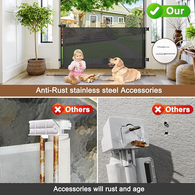 Weatherproof Outdoor Retractable Gate for Dogs with No Rust Stainless Steel Screws and Rods, 55" Wide Waterproof Retractable Baby Gates, Scratch-Resistant Mesh Safety Outdoor Pet Gate for Deck, Black