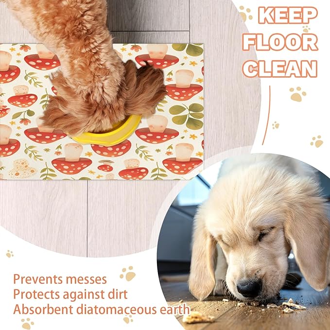 Red Mushroom Dog Food Mat for Floors Absorbent Dog Bowl Mat for Food and Water Dispenser Quick Dry Cat Food Placemat Pet Supplies 16" x 24", Green Leaf