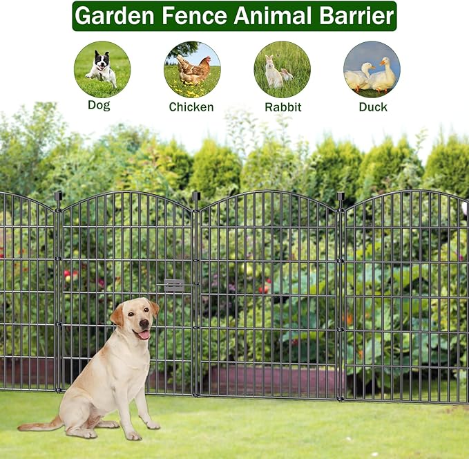 No Dig Decorative Garden Fence 5 Panels with Gate, 40 in (H) x 11.8 ft (L), Dog Fence Outdoor for Yard，Rustproof Metal Animal Barrier Ground Stakes Fencing for Garden, Patio, Flower Bed